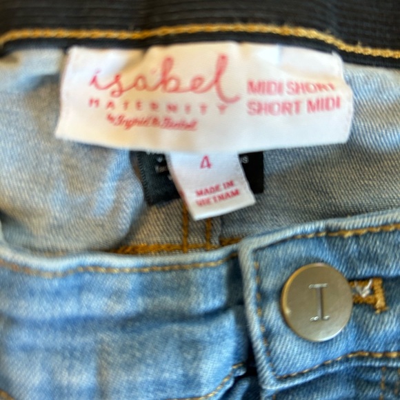 Isabel Maternity Light Blue Under Belly Midi Denim Shorts, Expandable Side Sz 4 - Picture 5 of 8